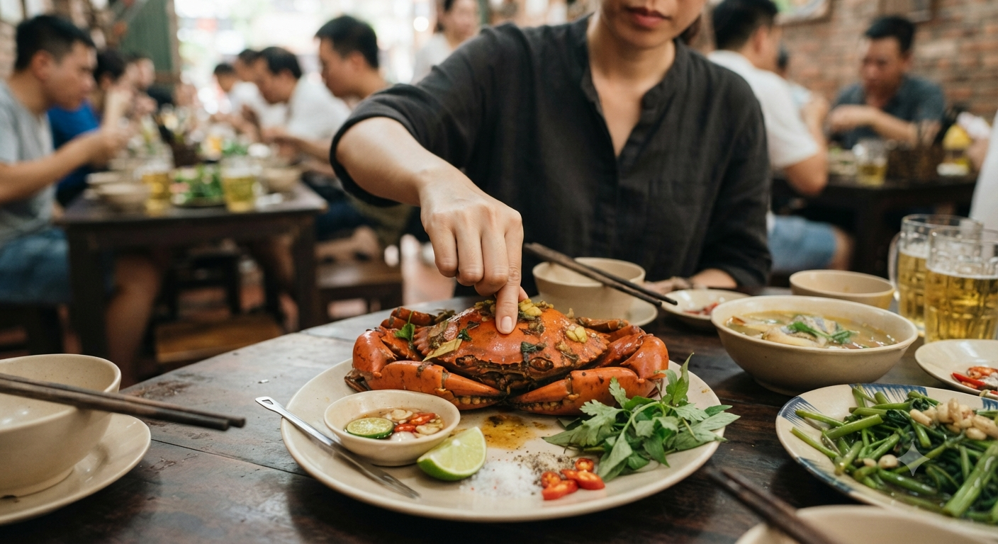 Bấm nhẹ vào phần yếm và thân cua